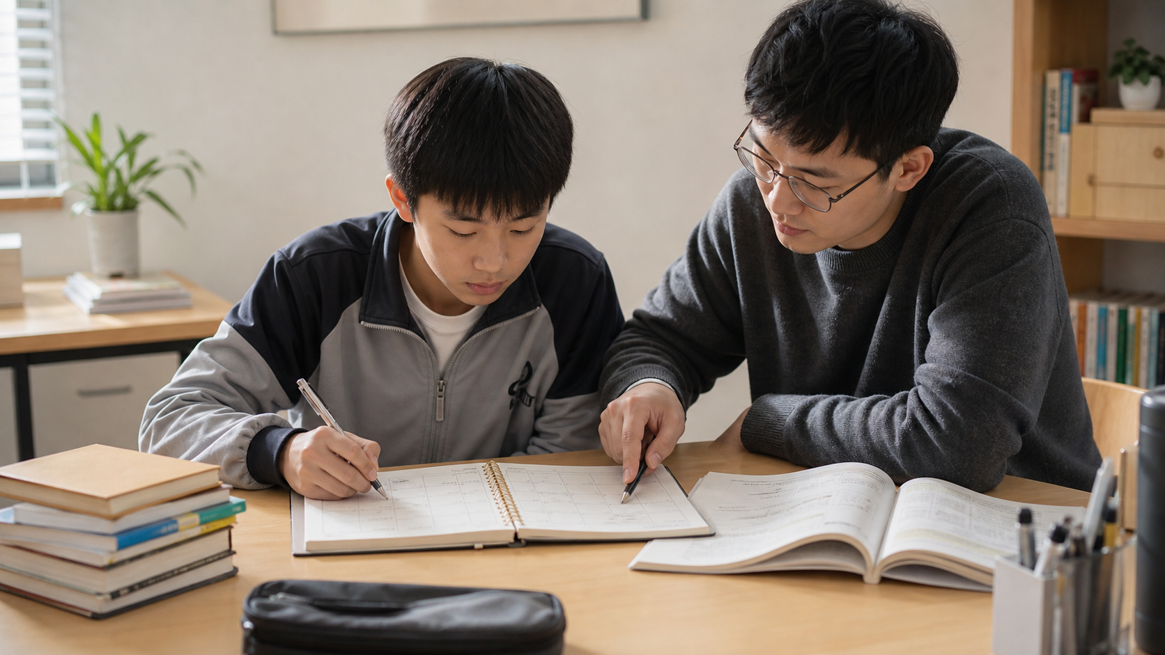 中国学生与老师在培训机构教室制定学习计划